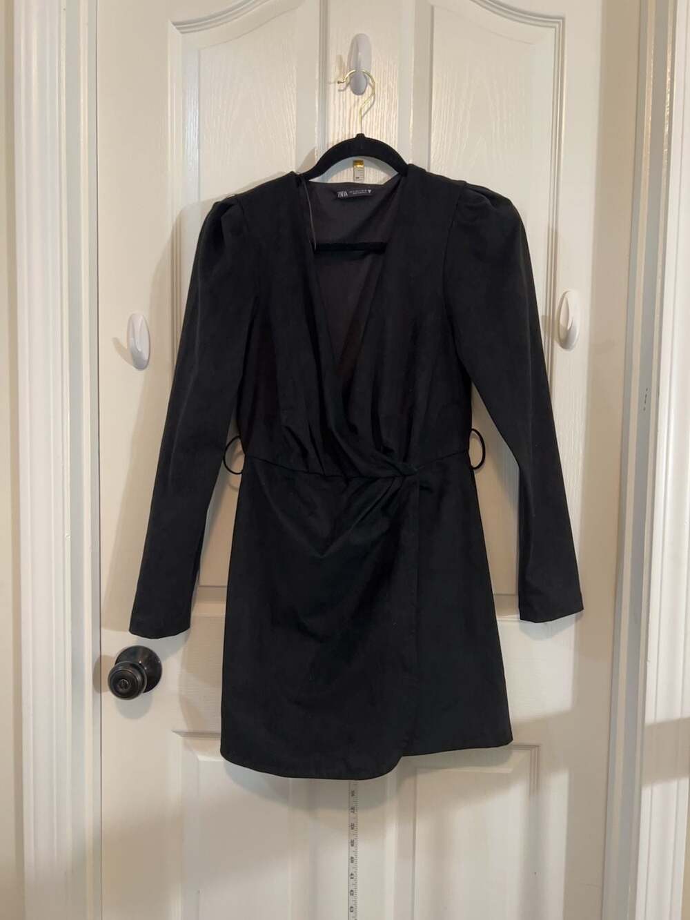 Zara Black Faux Suede Twist Front Mini Dress Puff Sleeve Long Sleeve Women’s S